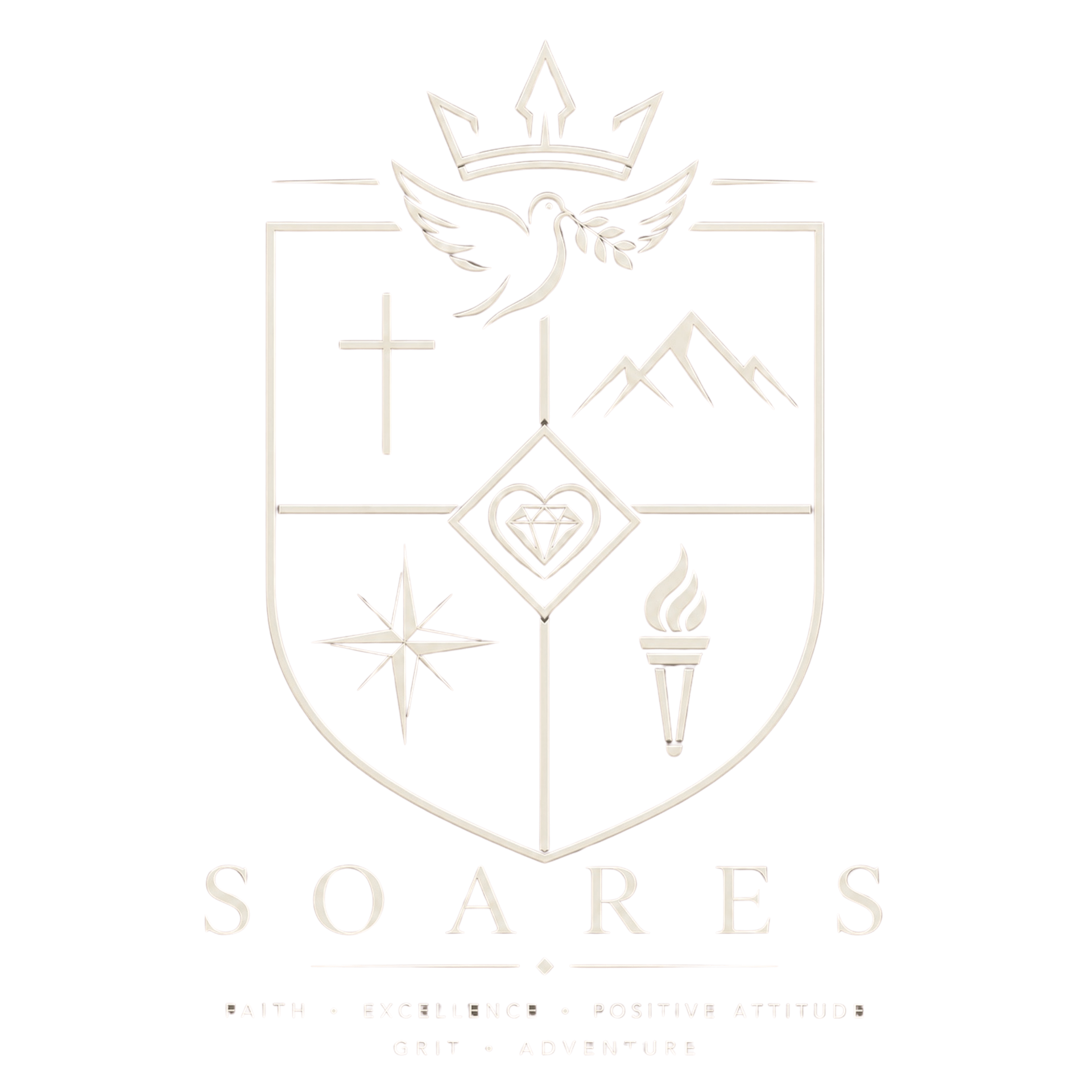 Soares Family Crest — Faith, Excellence, Positive Attitude, Grit, Adventure