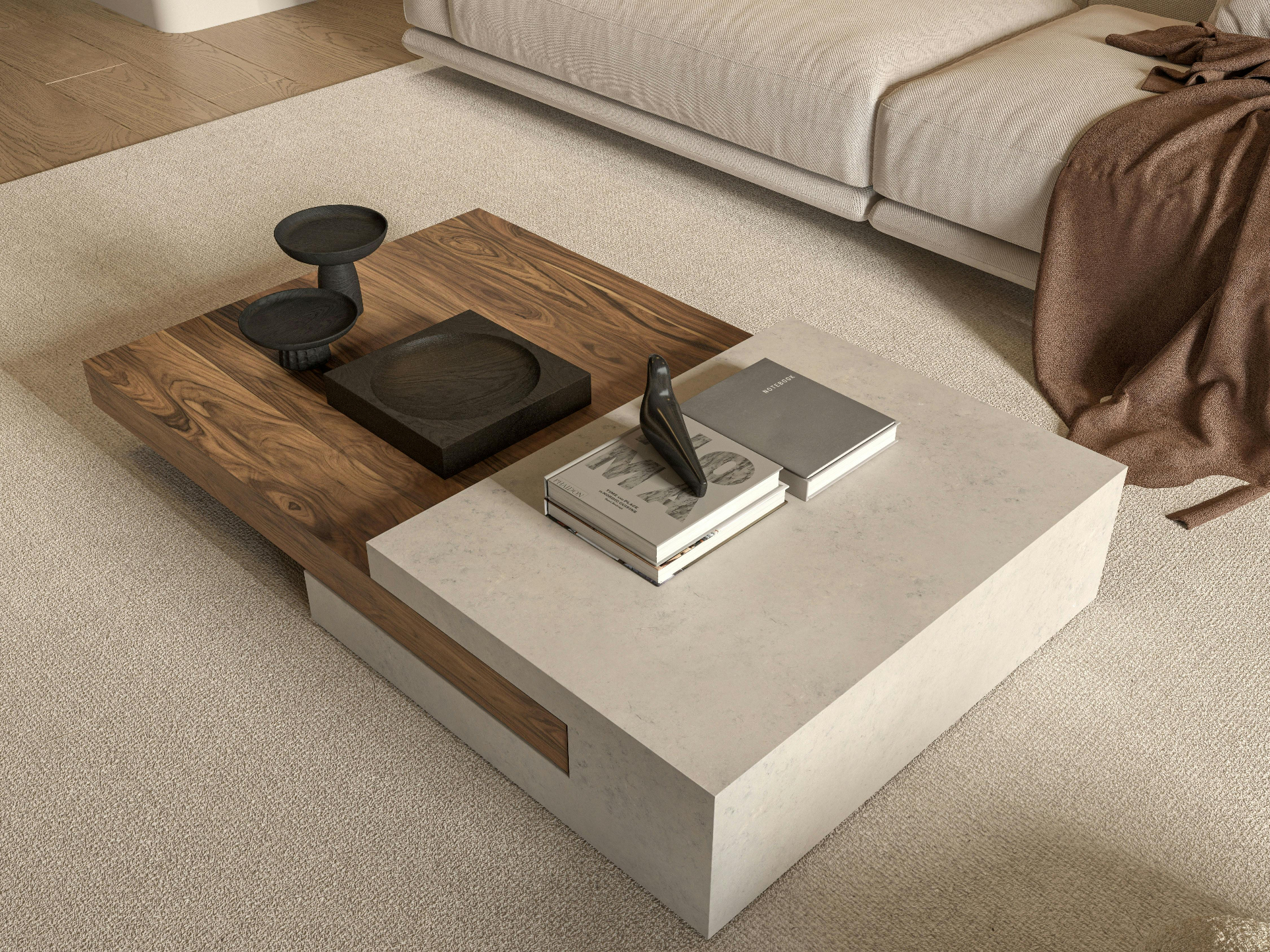 Minimalist coffee table composition — warm wood and stone