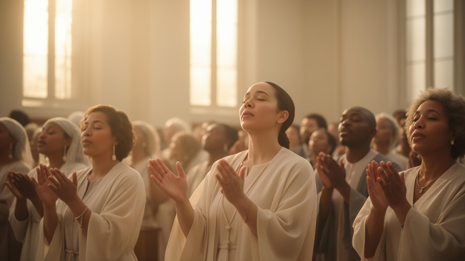 A diverse community in worship with hands raised, soft golden light
